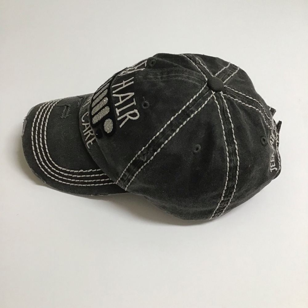 Jeep Hair Don’t Care Baseball Cap Gray Distress Hat Adjust Bling Grille Vintage - Picture 12 of 13